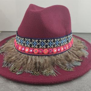 Visir Boho Fedora Hat Feather Band Belt Hat British Elegant Fascinator Leather Tassel Winter Women Hats 230811