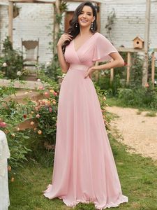 Urbano sexy dresse rosa abiti da damigella d'onore lungo elegante una linea doppio scollo a V volant in chiffon abito da cerimonia nuziale formale prom 230810