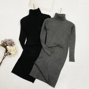 Casual Dresses Autumn Winter Women Turtleneck Sticke Dress Långärmad delad tröja Kvinna Slim BodyCon Bottoming Vestidos 1466