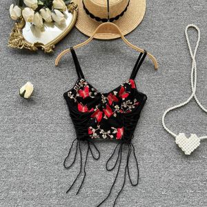 Women's Tanks American Retro Butterfly Embroidery Camis Knit Splicing Lace Tank Tops Summer Off Shoulder Sexy Sweet Lacing Corset