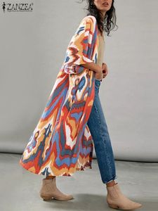 Kvinnors blusar skjortor Zanzea Kvinnor Elegant Cardigan Blue Spring Kimono Summer Printed Bulus Casual Loose Tops Tunic 34 Sleeve Shirts Chemise 230810