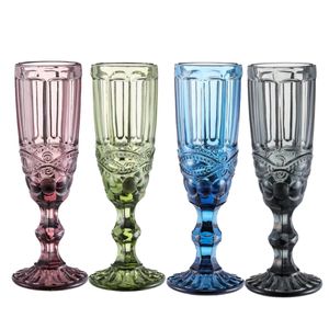 150 ml Weingläser Cup Colored Glass Becher mit STEM Vintage Muster geprägter romantischer Getränke Geschirr schlank 200 mm Höhenbecher für Party Hochzeitsgeburtstagsfestival