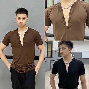 Stage Wear 2023 Latin Dance Tops For Men Short Sleeved Practice Clothes Chacha Rumba Tango Male Performance Costumes DQS13234