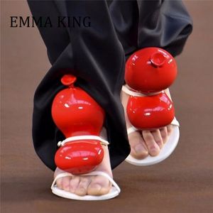 Tofflor sommarkvinnor röd ballong sandaler kvinnlig kiktå stilett klackar glider på sandaler sexiga banor skor mode bankett bröllop skor 230810