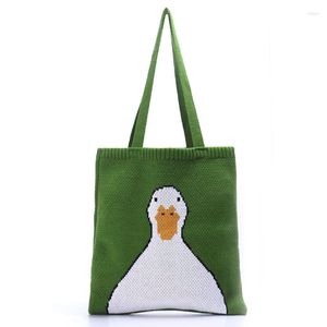 Duffel Bags Girls Fashion Cartoon Knitted Bag Casual Cute Open Green Shopping Handbag Teenager Crochet Retro Single Shoulder