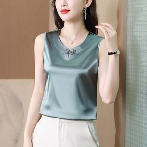 Kvinnors blusar Fashion Woman Blue 2023 Summer Basic Tank Top Solid Sleeveless Slim Vintage Clothing Silk Womens Tops ol Elegant