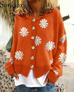 Women Cardigan Sweater Knitted O Neck Female Small Autumn Chrysanthemum Embroidery Knit Sweaters Long Sleeve Fashion Jumper Tops T230811