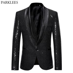 Men's Suits Blazers Black Sequin One Button Shawl Collar Suit Jacket Men Bling Glitter Nightclub Prom DJ Blazer Jacket Men Stage Clothes for Singers 230810