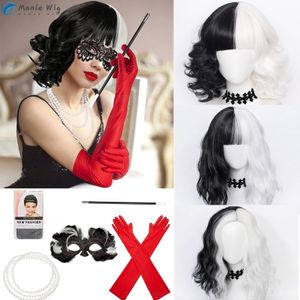 Косплей парики аниме Cruella de Vil Cosplay Wig Props Cruly Half Black и Halfe -белый теплостойкий парики для волос маски Gloves Counglace Cap 230810