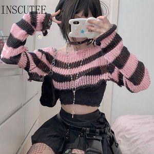 Women Sweters INSCUTEE HARAJUKU Słodki różowy czarny sweter Womem Streetwear Striped Long Rleeve Tops Y2K 2girl Emo Alt Knitted Stroje 230811