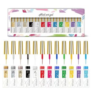 Conjunto de revestimento de gel de gel de gel de gel de gel de gel pintado -12 cores neon rosa amarelo verde brilho lâmina dourada francesa linha puxando em gel, unhas construídas linhas de unha de linha fina de linha fina de luta