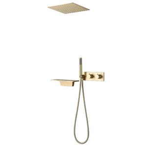 Brushed Gold Shower Set Bathroom Thermostatic Concealed Ceiling Waterfall Faucet Hidden Into The Wall