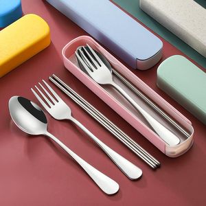 Dinnerware Sets Stainless Steel Cutlery Set With Storage Case Korean Style Portable Tableware Home School Kitchen Services