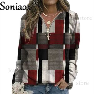 2021 Autumn Women Sweatshirts Loose Casual V Neck Zipper Long Sleeve Plaid Top Pullover Streetwear Ladies Fashion Ladies Hoodies T230811