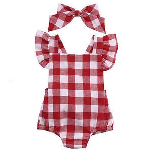 Rompers citgeett yaz doğumlu bebek çocuklar kız kız kırmızı ekose romper tulum kırmızı ile baş bandı kıyafet kıyafetleri 018m ss 230811