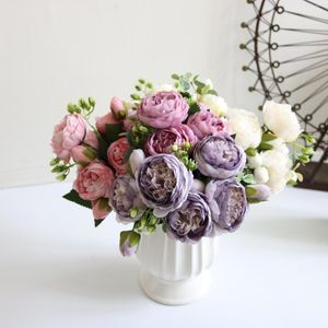 Decorative Flowers Peony Artificial 30cm Rose Pink Bouquet 5 Big Heads 4 Small Bud DIY Bride Wedding Home Decoration Fake Flores Faux