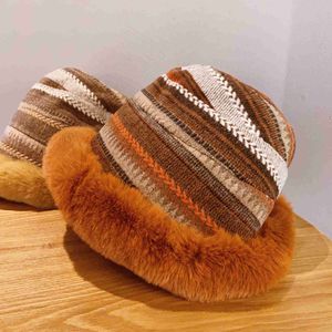 Cappelli larghi cappelli da secchio cappello inverno 2022 nuovo cappello da secchio per donne a strisce irregolari maglieria di giunzione peluche mantieni il cappello da pescatore del tappo da bacino caldo