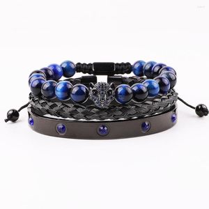 Strand högkvalitativ lyx Men Kvinnor smycken blå CZ Micro Pave Leopard Charm Tiger Eye Justerbara pärlor Macrame Armband Bangle Set