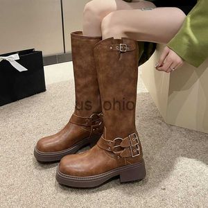 Boots Fashion Metal Buckle Platform Knee High Boots Women Thick Heels Knight Combat Boots Woman Pu Leather Punk Gothic Botas Mujer 42 J230811