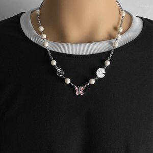 Chains Butterfly Daisy Charm Pearl Necklace Stainless Steel For Men Punk Cool Korean Fashion Hip-hop Jewelry