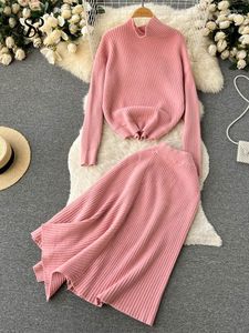 Work Dresses Winter Sweater Two Pieces Sets Women Thick Turtleneck Pullovers Irregular Long Skirt Warm Knitted 2pcs Suits