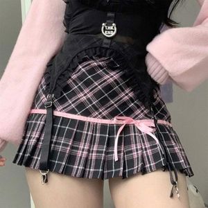 Röcke Y2K hohe Taillenrock karierte Frauen pleite Minirock Harajuku Bow Fashion Märchen-Grunge-Ästhetik Koreaner E-Girl-Rock 230811