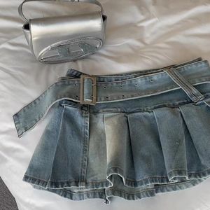 Skirts Women Denim Mini Skirts Pleated Chic Summer Sexy with Belt Vintage Ruffles Streetwear Hip Hop Party Y2k Fashion Slit Designed 230811