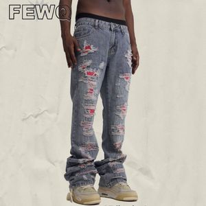 Mäns jeans Fewq Micro Fleared Worna Out Stitching Color Man High Street Patchwork Denim Trousers Wide Leg 2023 Retro 24b3319 230810