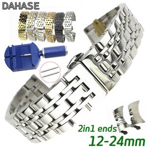 Titta på band 2in1 krökta rakt rostfritt stålklockband 12 14 15 16 17 18 19 20 21 22 22 26 26 24mm svart ersättare Watch Band Armband 230810