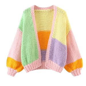 Kvinnors stickor Tee Loose Sweet Knit Cardigan 2023 Spring and Autumn Fashion Patchwork Lantern Sleeve Tweater Crop Top Handmade liten jacka 230810