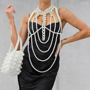 Łańcuchy Pearl Choker Naszyjniki do ciała dla kobiet seksowna koralikowa kołnierz ramię stanik staje się sweter biżuteria