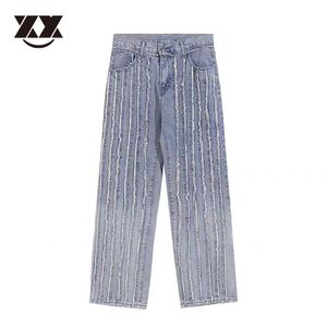 Mäns jeans chic design burrs randig vintage tvättade baggy byxor raka hiphop löst denim byxor för män kläder ropa hombre 230810