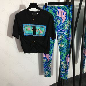 Fashion Print Women Shirt Leggings Short Sleeved T Shirts Slim Fit Pants Sexy Tops High Quality Tees Trousers Set