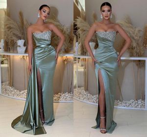 Gorgousl Olive Green Mermaid Split aftonklänningar med löstagbar kjol Sexig paljetter Kristaller Axless Neck veckor Ruffles Long Prom Party Gowns BC16335