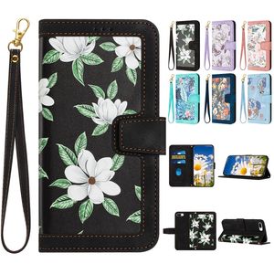 Eleganti custodie a portafoglio in pelle PU con fiore farfalla per Samsung A35 A55 S23 FE A24 A25 A22 5G A04E A04 A12 Moda hawaiana floreale Slot per carta di credito ID Flip Cover Custodia a tracolla