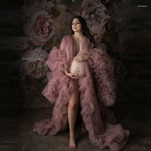 Casual Dresses Lush Dusty Pink Tulle Maternity Women Dress Long Robes For Pography Custom Made Fluffy Mesh Pregnancy Bridal Gowns