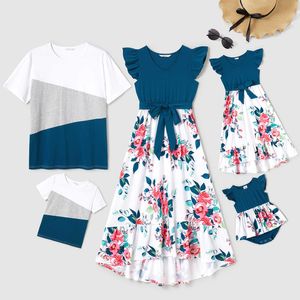 Passende Familien-Outfits Passende Familien-Outfits Einfarbiger Ausschnitt, Flatterärmel, Spleißen, Blumendruck-Kleider, Kurzärmelige Farbblock-T-Shirt-Sets