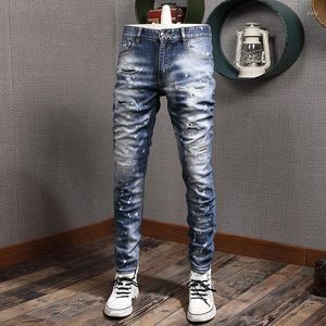 Men's Jeans Street Fashion Trousers Men Retro Blue Elastic Slim Fit Hole Ripped Painted Designer Hip Hop Brand Pants Hombre