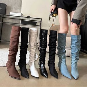 Boots Pointed Toe Women Knee High Boots Chelsea Booties Solid Color 2023 New Arrivals Black White Blue Brown J230811