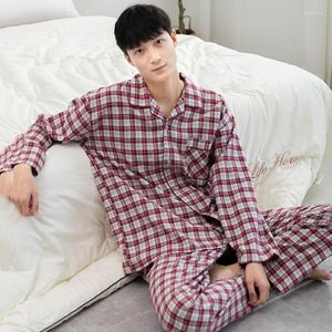 Mäns sömnkläder 2st Shirtpants Men Pyjamas Passar Bomull Plaid Nightrown Sleep Set Nightwear Löst hemkläder Intim underkläderpyjamas