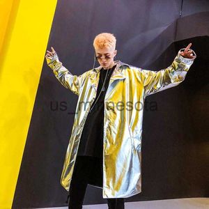 Kurtki męskie Performance Long Trench Płaszcz Mężczyźni Bolesny klub nocny taniec tańca płaszcza peleryka z długim rękawem Capote Masculino Gold Silver xxl J230811