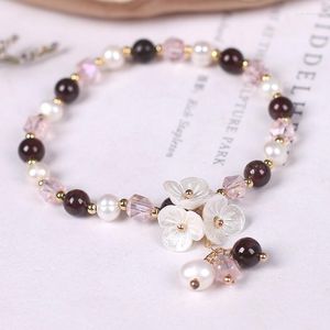 Strand Flower Green/Pink Crystal Beads Freshwater Pearls Armband Elastic Rope for Women Fashion Jewelry ASL133