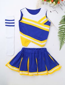 Cheerleading Kids Girls Uniform Carnival Dance Clothing Fancy Dress Oufit Tops med kjolstrumpor som är avsedda för skolans prestanda 230811