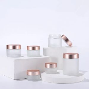 Großhandel gefrostete Glascremeglas klarer kosmetischer Flaschen -Make -up -Lotion Lip Balm Behälter mit Roségold -Deckel Innen Liner 5G 10G 15G 20G30G LL