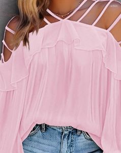 Kvinnor Bluses European och American 2023 Summer Sale Slim Fit Lantern Sleeves Cold Shoulder Ruffle Hem Split Sexy Top