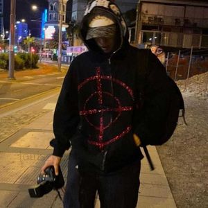 Män hiphop streetwear hooded jacka bågskytte måltryck överdimensionerad zip upp jacka harajuku punk grunge par hoodie y2k kläder t230811
