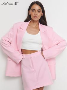 Tvådelad klänning Mnealways18 rosa eleganta karriär kvinnliga kjolar sätter 2 stycken formella blazer kostymer hög midja damkontor blå fast outfit 230810