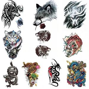 Temporäre Tattoos 10 Stile coole Männer temporäre Tattoos gefälschter Aufkleber Wolf Tiger Drache Körperkunst Schwarz Transfer wasserdichte Arm Tattoo Aufkleber Mann 230811