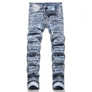 Mäns jeans 2023 Spring Street Ripped Cut Broken Fashion Mid midja Stretch Slim Pencil Pants Hip Hop Motorcykelkläder 230810