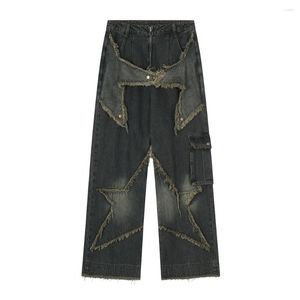 Men's Jeans Man High Street Spliced Patchwork Pocket Bleached Vintage Retro Straight Washed Casual Denim Trousers